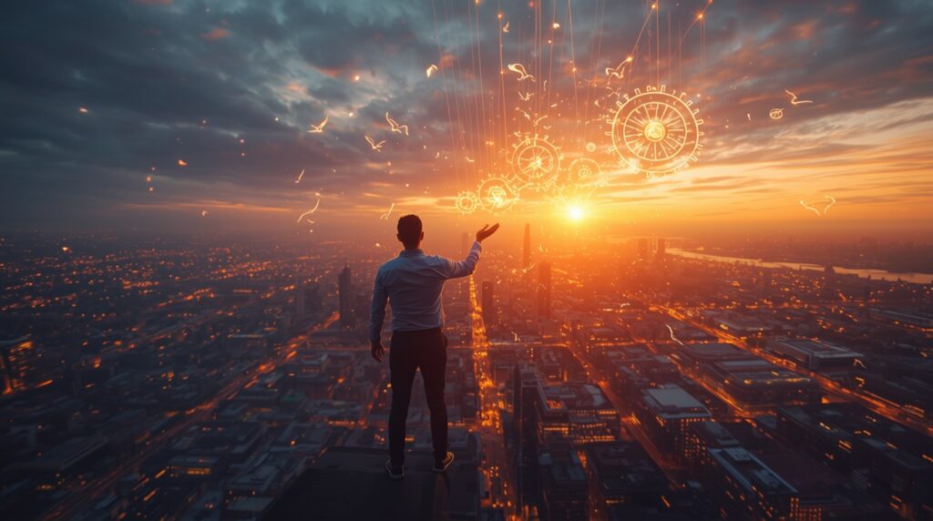 A lone entrepreneur releasing glowing digital threads that transform into AI workflows over a futuristic city, symbolizing freedom through online business automation tools AI.