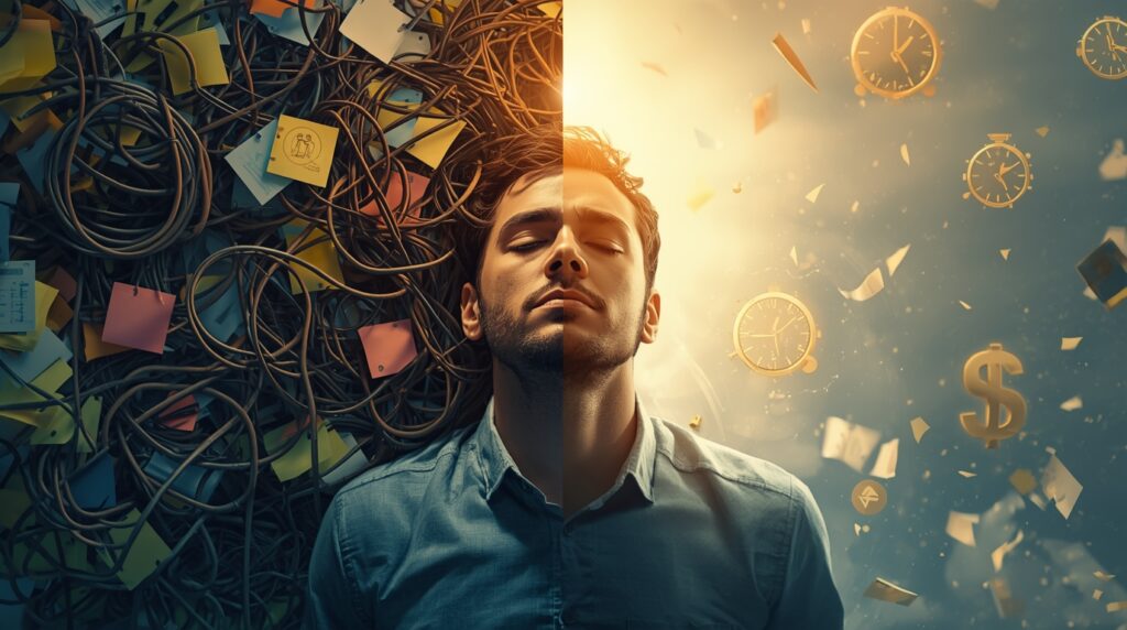 Split-scene showing a stressed entrepreneur transformed by AI automation into calm productivity, symbolizing freedom gained through online business automation tools AI.