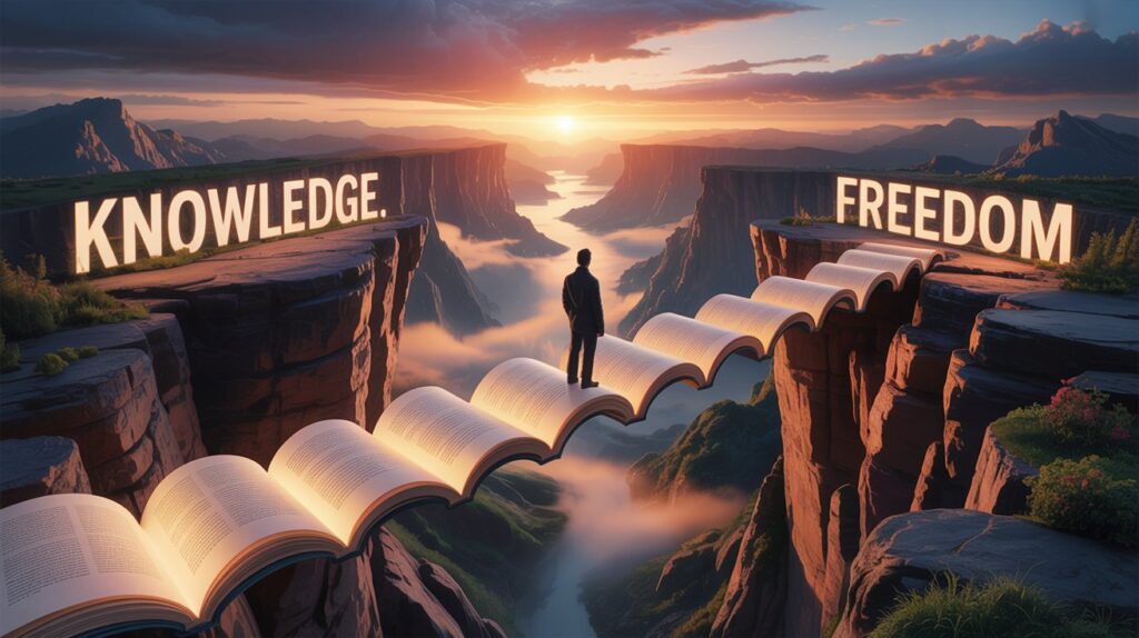 A glowing bridge made of printable PDFs symbolizing how to monetize your knowledge and start a digital side hustle.