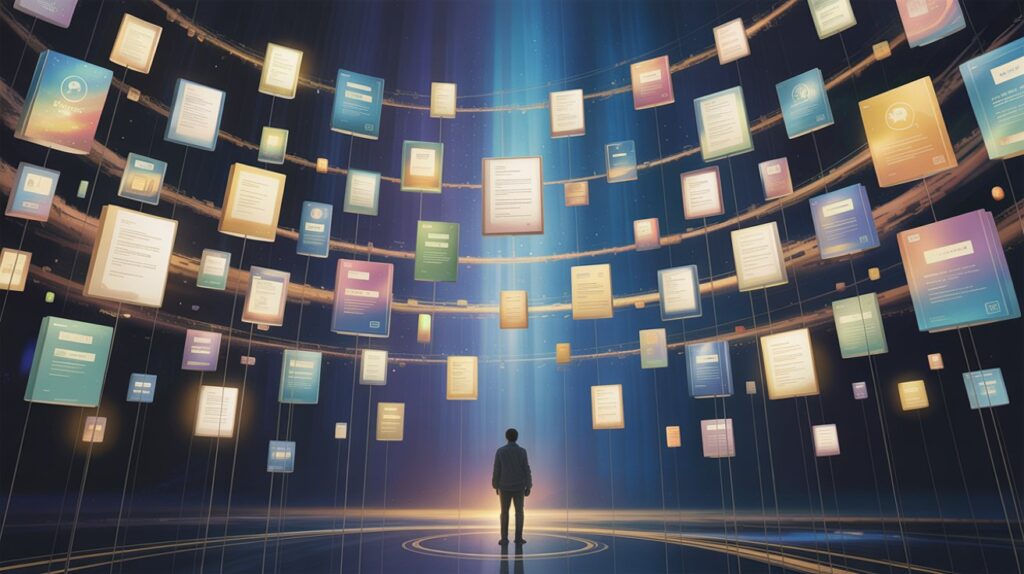 Floating printable PDFs in a dreamlike digital marketplace showing passive income from a successful side hustle.