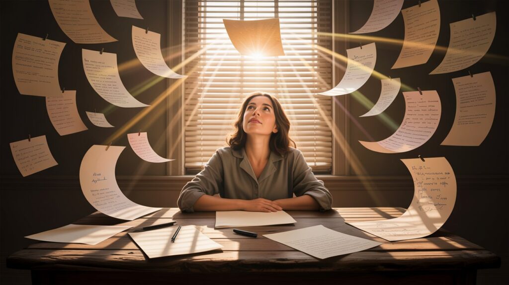 Woman realizing her idea can become income through printable PDFs — the turning point in her side hustle journey.