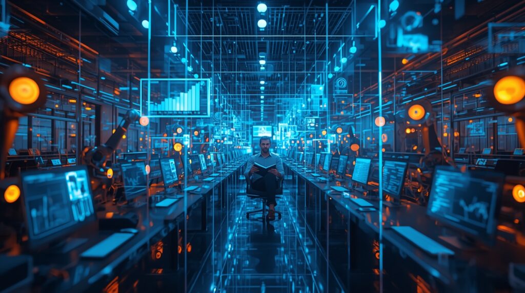 Futuristic office of glass and holograms where AI-powered robotic arms manage digital workflows as a founder calmly reads, visualizing online business automation tools AI in action.